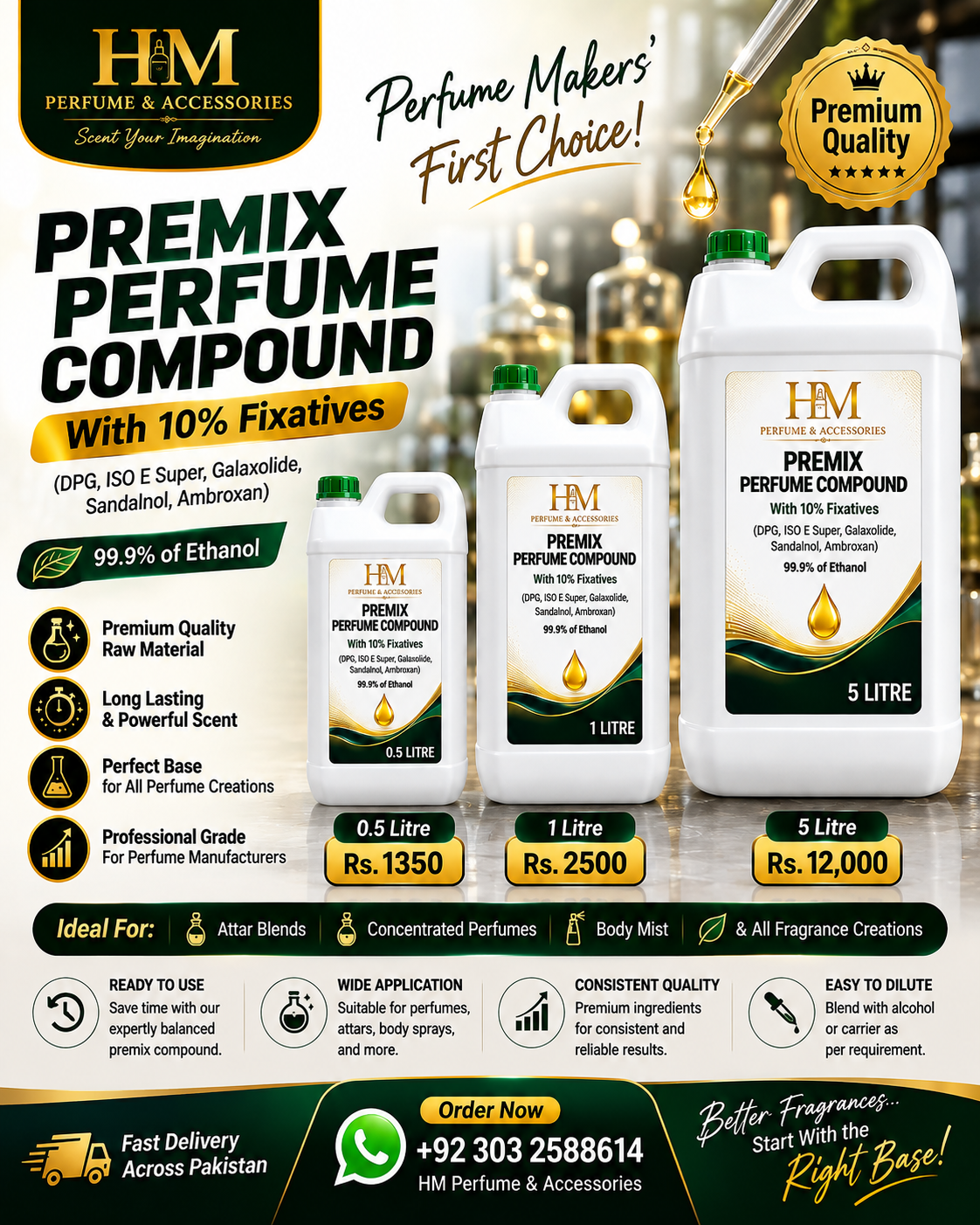 Perfume Premix Compound With Premium Fixative – DPG, Galaxolide, Sandalnol, ISO E Super & Ambroxan Crystal | 10% Fixative Added